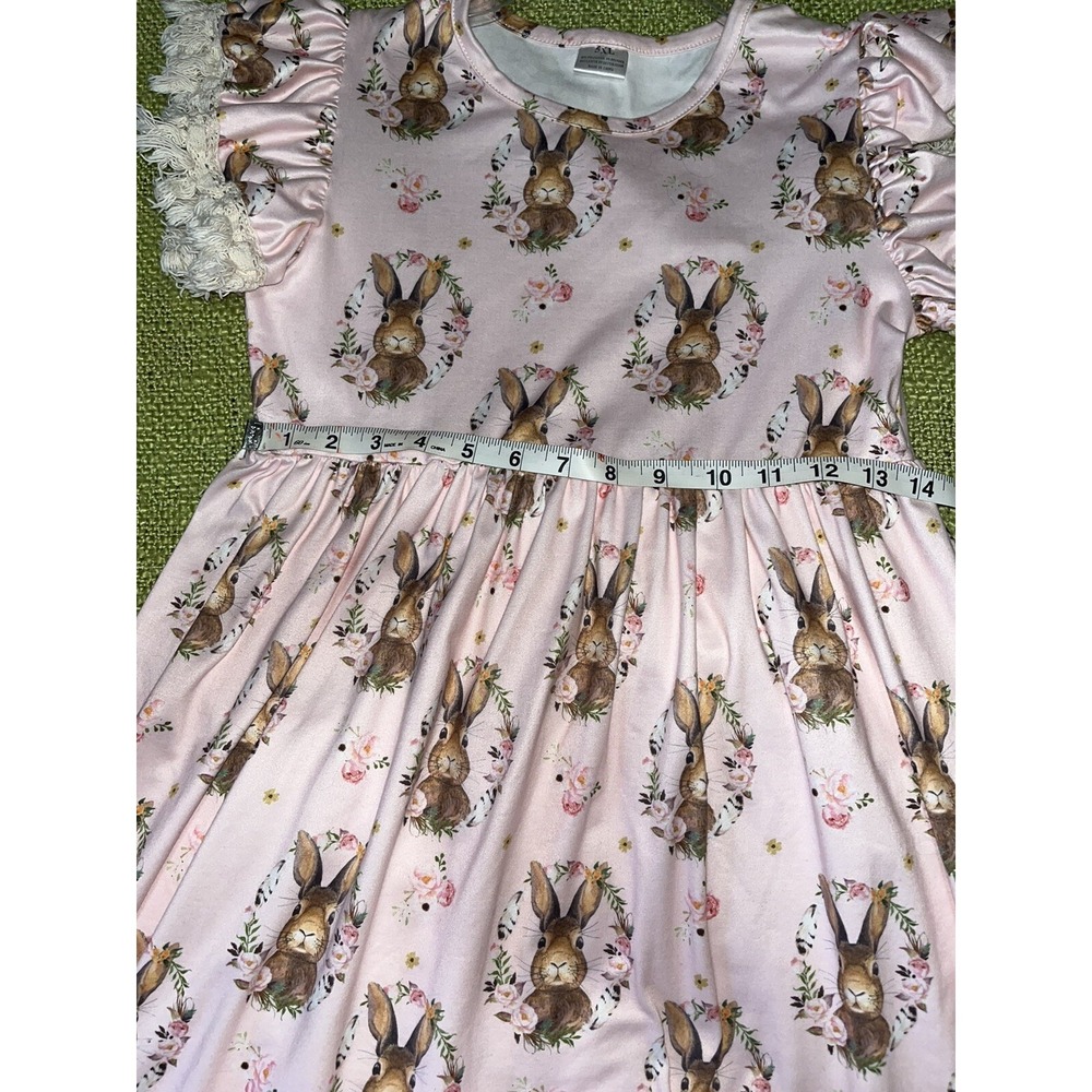 Little girls Easter bunny dress , pink , lace trim and fringe , 5xl , boutique - Picture 4 of 5